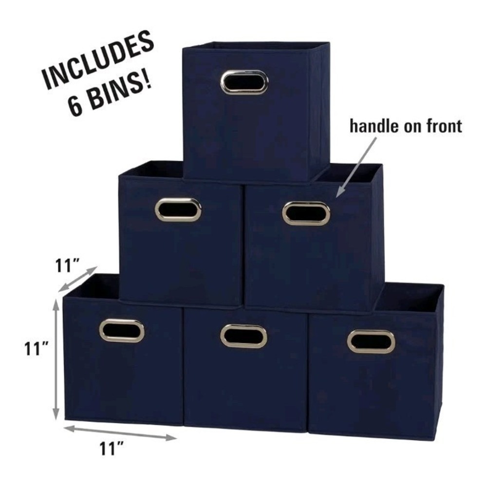 Elegant 6-Piece Navy Fabric Storage Bins With Chrome Handles, Foldable Lightweig